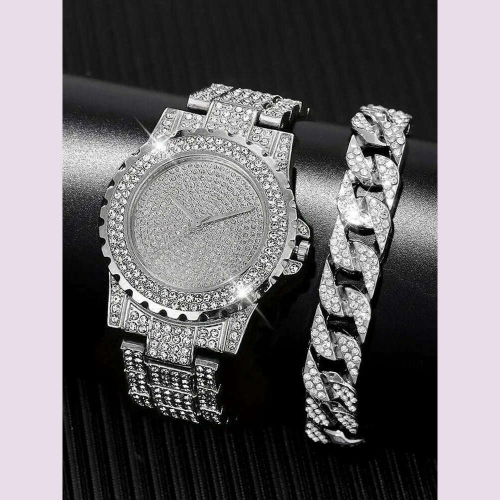 2pcs Stylish Shiny Full Diamond MEN'S Large Dial Steel Band Quartz Watch with Diamond Inlaid Chain Bracelet Set