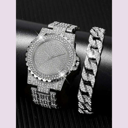 2pcs Stylish Shiny Full Diamond MEN'S Large Dial Steel Band Quartz Watch with Diamond Inlaid Chain Bracelet Set