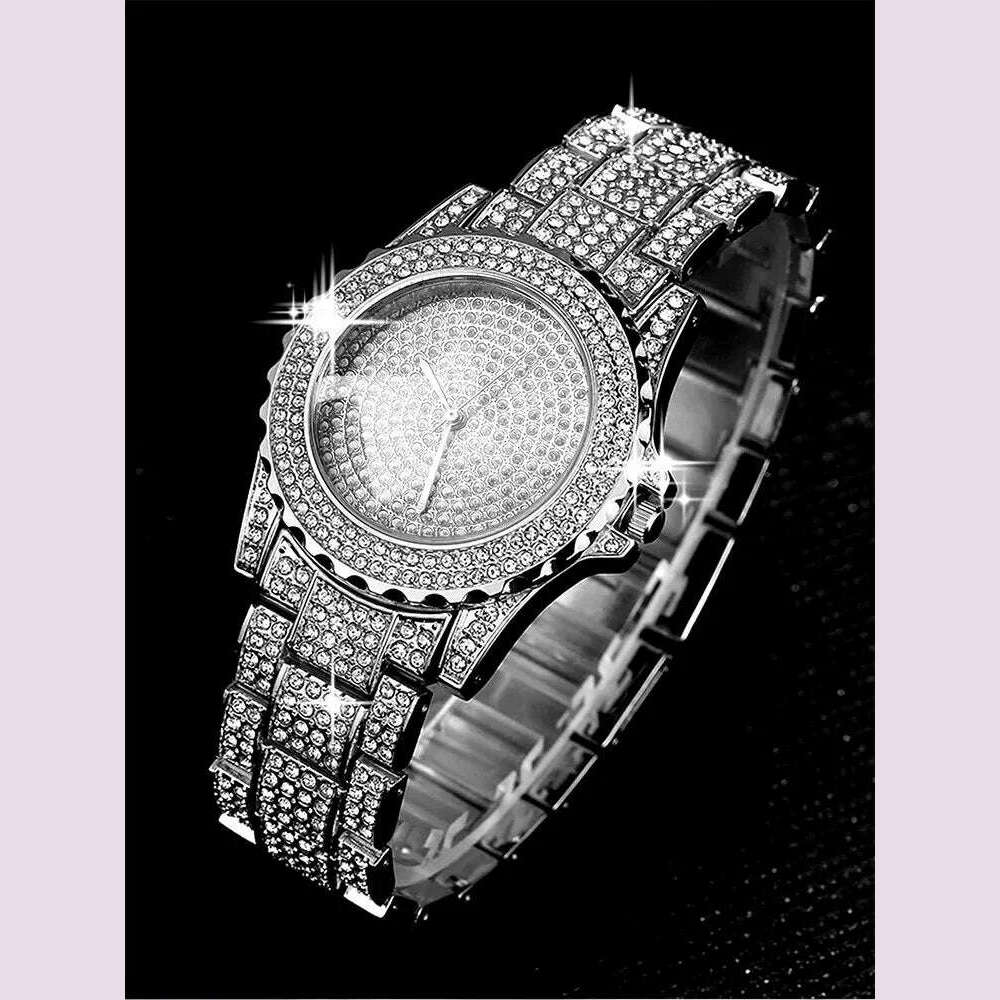 2pcs Stylish Shiny Full Diamond MEN'S Large Dial Steel Band Quartz Watch with Diamond Inlaid Chain Bracelet Set