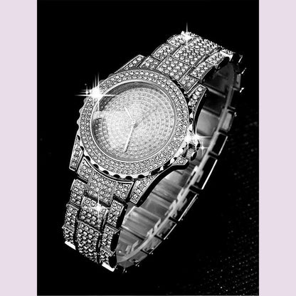 2pcs Stylish Shiny Full Diamond MEN'S Large Dial Steel Band Quartz Watch with Diamond Inlaid Chain Bracelet Set