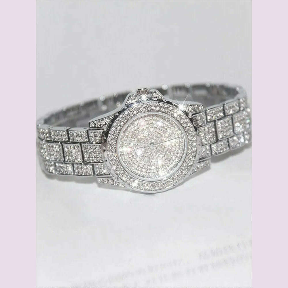 2pcs Stylish Shiny Full Diamond MEN'S Large Dial Steel Band Quartz Watch with Diamond Inlaid Chain Bracelet Set