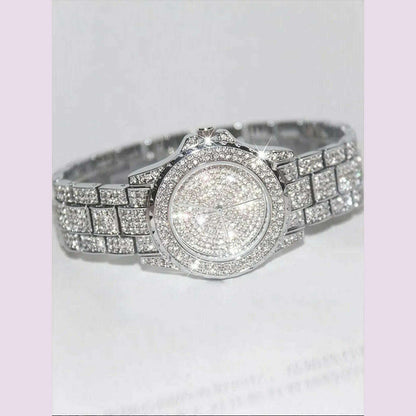 2pcs Stylish Shiny Full Diamond MEN'S Large Dial Steel Band Quartz Watch with Diamond Inlaid Chain Bracelet Set