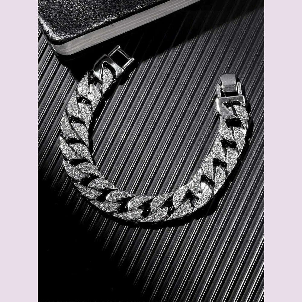 2pcs Stylish Shiny Full Diamond MEN'S Large Dial Steel Band Quartz Watch with Diamond Inlaid Chain Bracelet Set