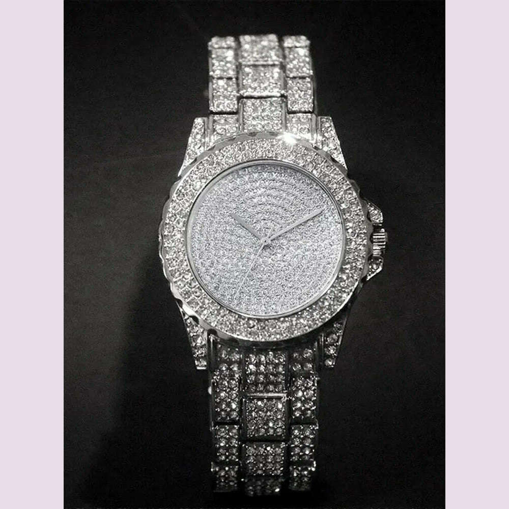 2pcs Stylish Shiny Full Diamond MEN'S Large Dial Steel Band Quartz Watch with Diamond Inlaid Chain Bracelet Set