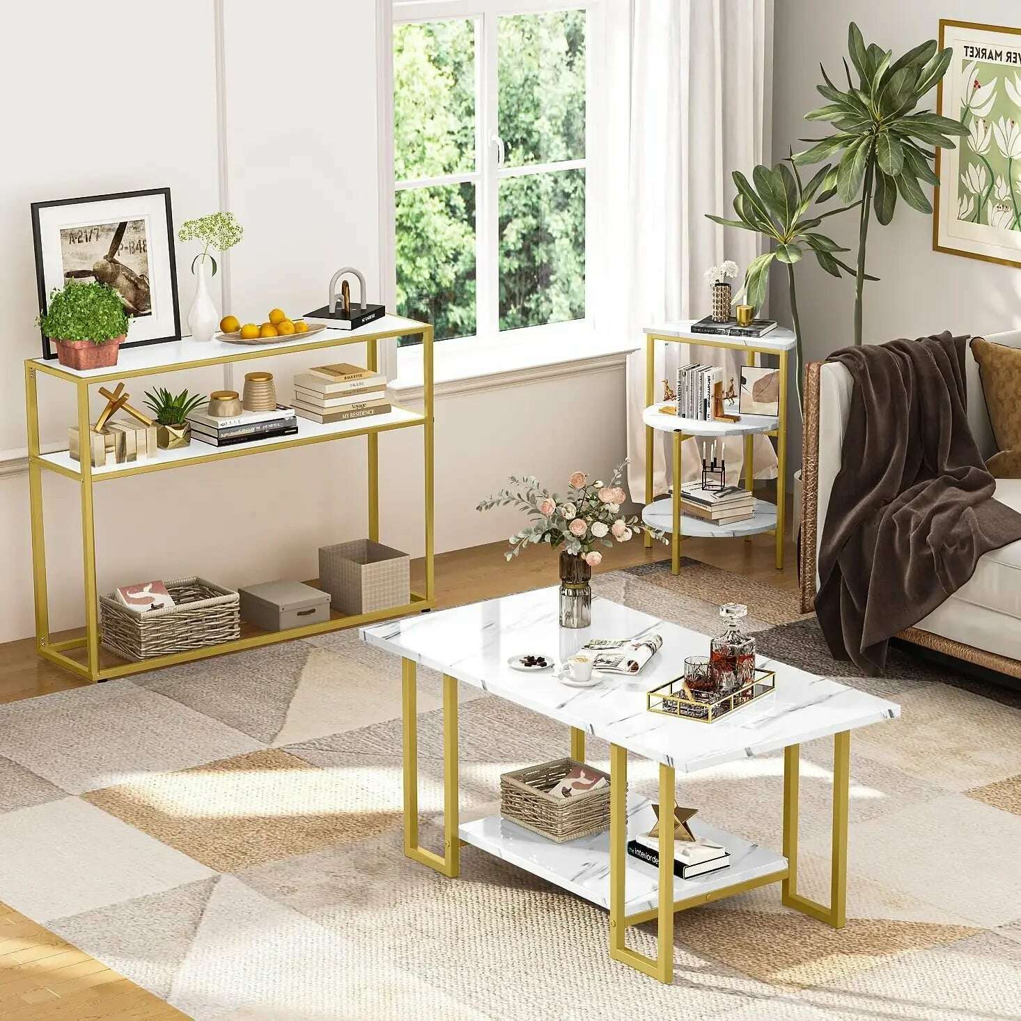 3 Pieces Modern Coffee Set, with End Table and Console Table, Contemporary Faux Marble Living Room Table Sets, White&Gold