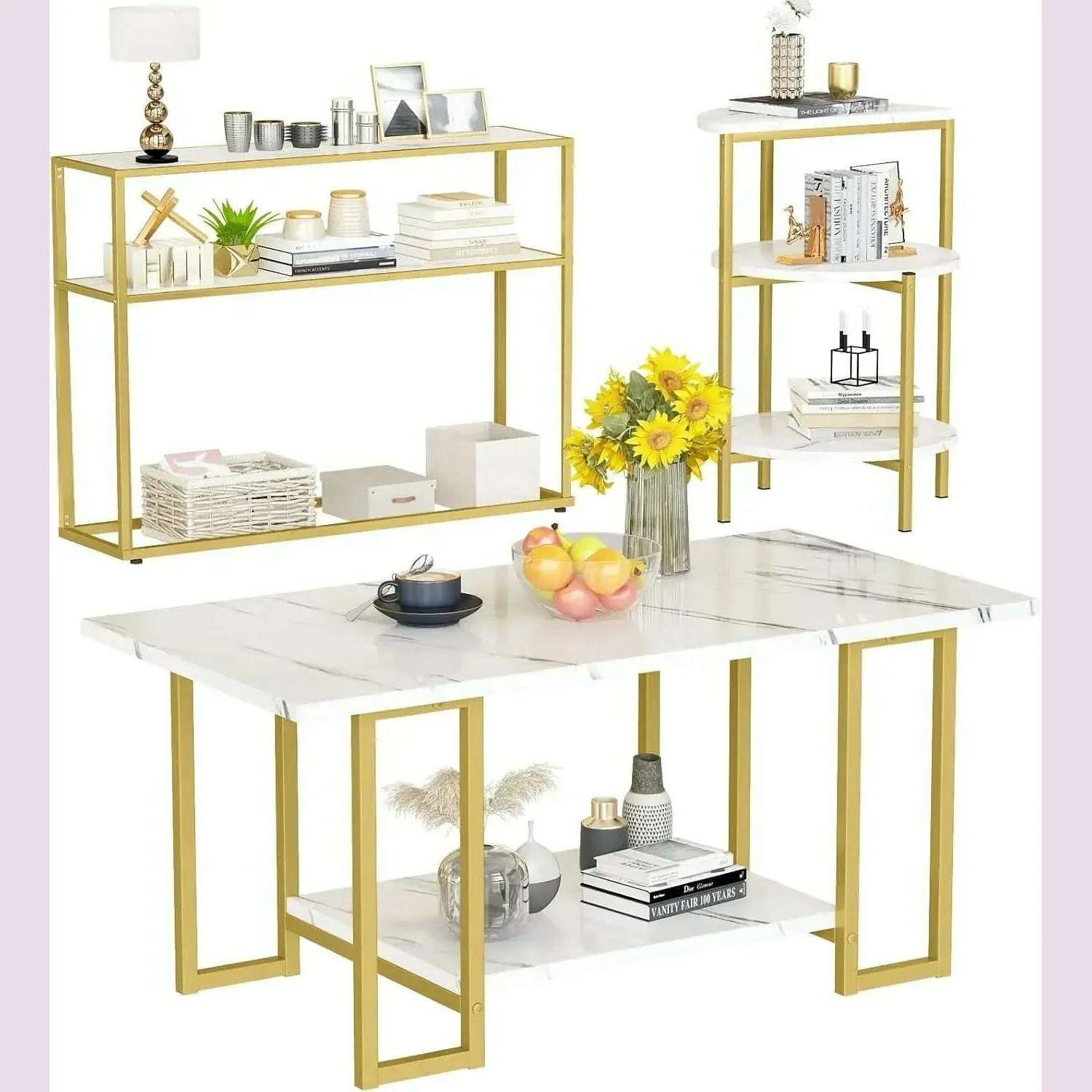 3 Pieces Modern Coffee Set, with End Table and Console Table, Contemporary Faux Marble Living Room Table Sets, White&Gold