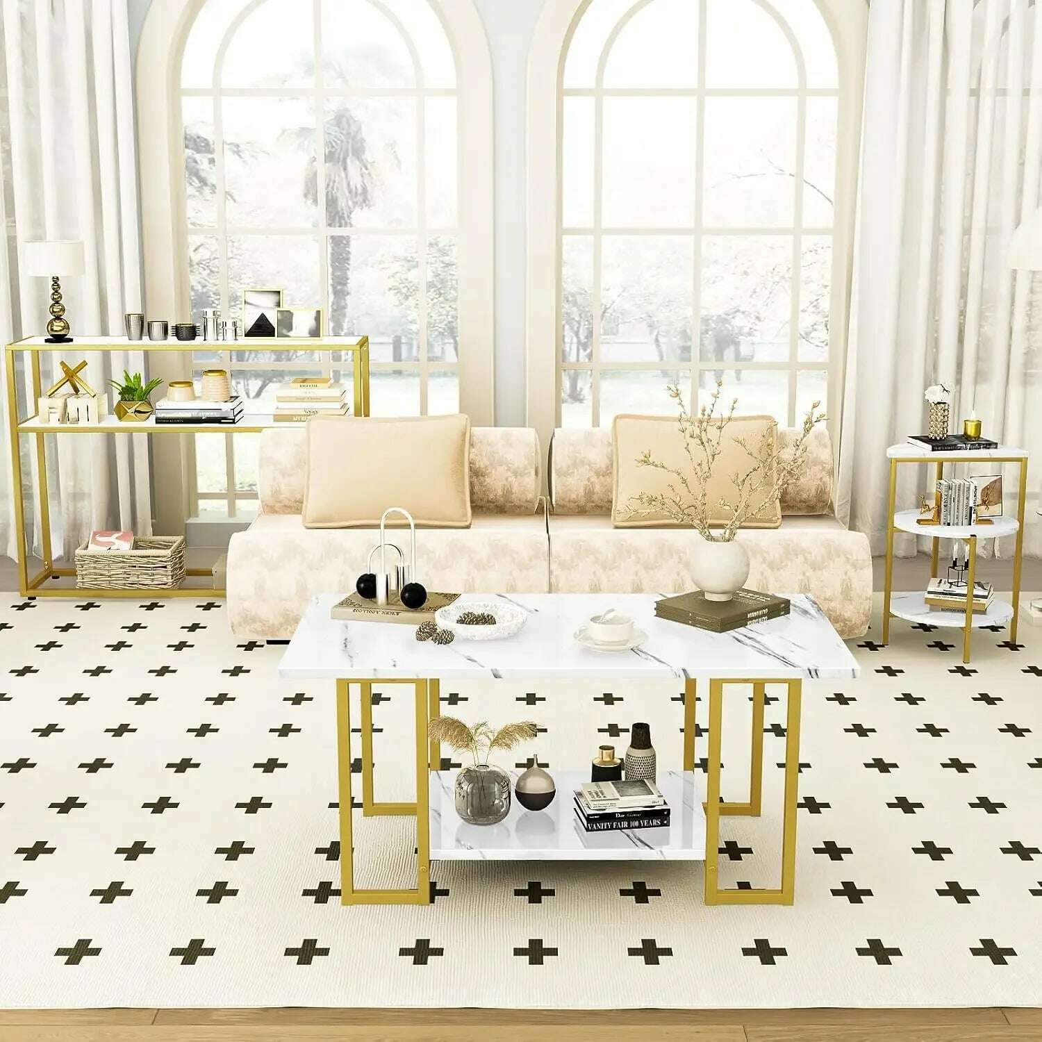 3 Pieces Modern Coffee Set, with End Table and Console Table, Contemporary Faux Marble Living Room Table Sets, White&Gold