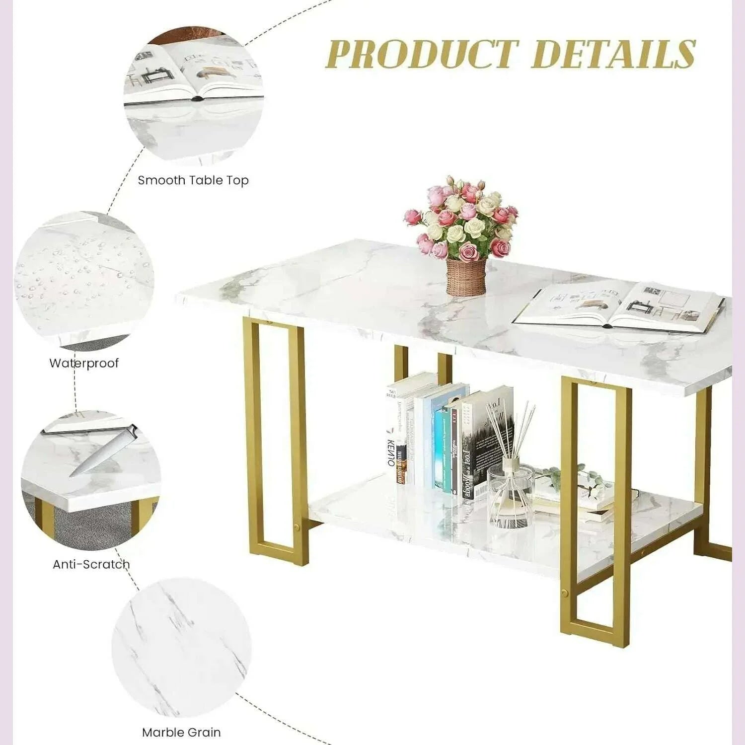 3 Pieces Modern Coffee Set, with End Table and Console Table, Contemporary Faux Marble Living Room Table Sets, White&Gold