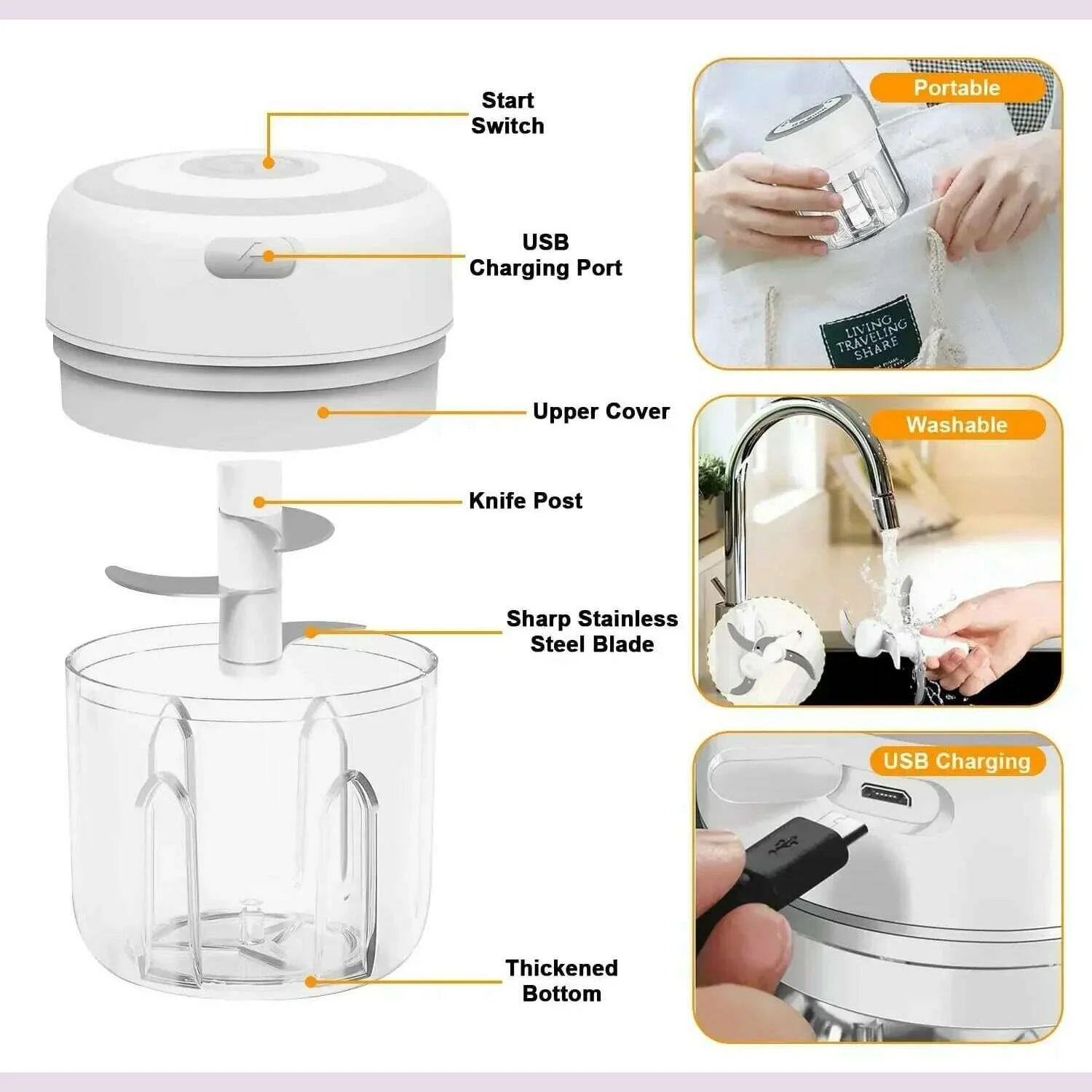 300ML Electric Garlic Chopper USB Charging Food Vegetable Meat Crusher Stainless Steel Mini Chili Garlic Masher Kitchen Gadgets