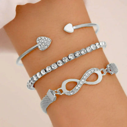 3Pcs Women Heart Open Bracelet Set Fashion Crystal Tennis Chain Bangle For Girls Trend Party Jewelry Accessories
