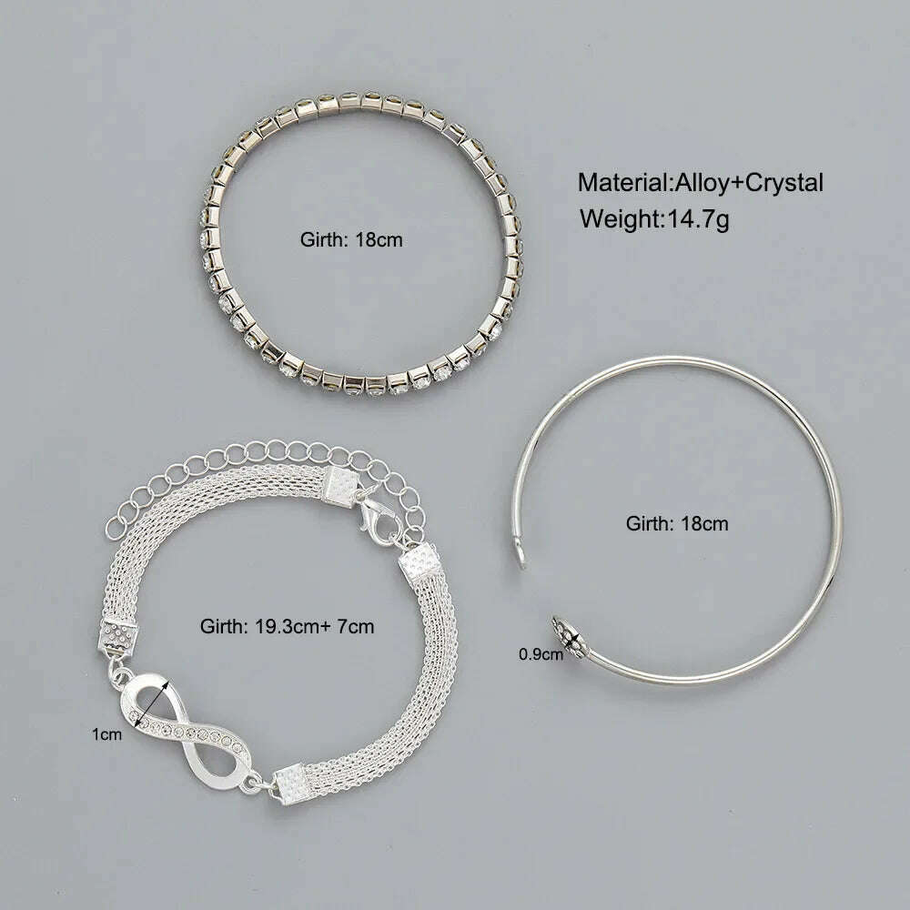 3Pcs Women Heart Open Bracelet Set Fashion Crystal Tennis Chain Bangle For Girls Trend Party Jewelry Accessories