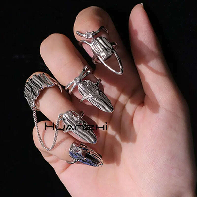 4Pcs/Set CyberPunk Metal Chain Alien Lava Zircon Decorate Nail Ring for Women Cool Girl Party Personality Y2K Jewelry HUANZHI