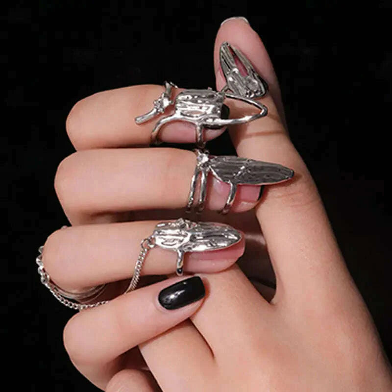 4Pcs/Set CyberPunk Metal Chain Alien Lava Zircon Decorate Nail Ring for Women Cool Girl Party Personality Y2K Jewelry HUANZHI