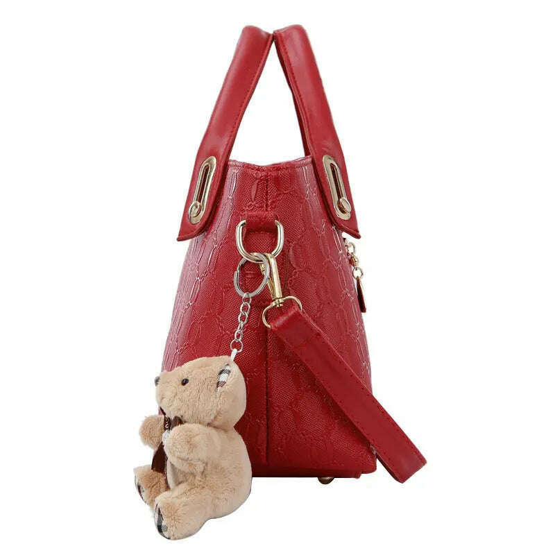 4PCS/Set Ladies Fashionable PU Leather Shoulder Bag Handbag Satchel Clutch Coin Purse Casual Bear Pendant Messenger Tote Bag