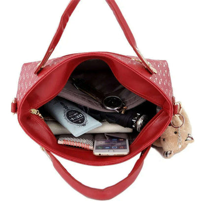 4PCS/Set Ladies Fashionable PU Leather Shoulder Bag Handbag Satchel Clutch Coin Purse Casual Bear Pendant Messenger Tote Bag