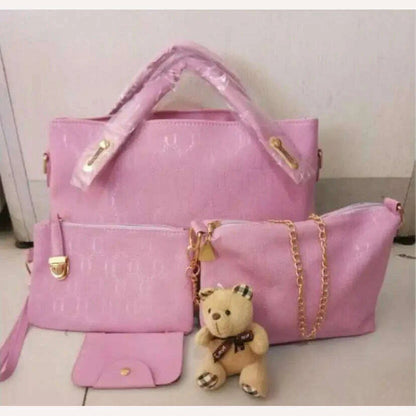 4PCS/Set Ladies Fashionable PU Leather Shoulder Bag Handbag Satchel Clutch Coin Purse Casual Bear Pendant Messenger Tote Bag