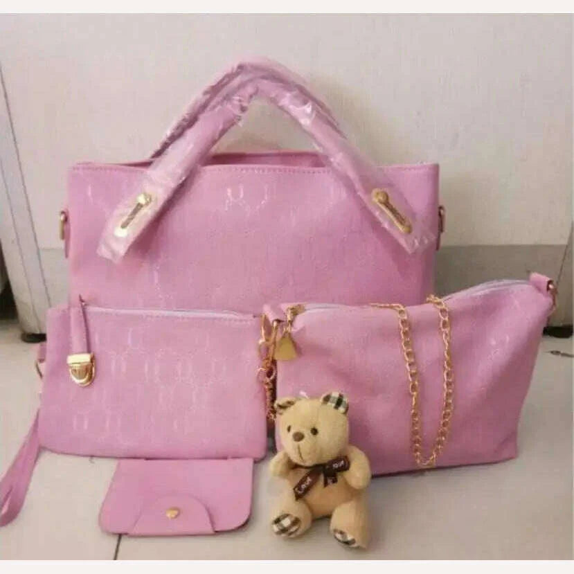 4PCS/Set Ladies Fashionable PU Leather Shoulder Bag Handbag Satchel Clutch Coin Purse Casual Bear Pendant Messenger Tote Bag