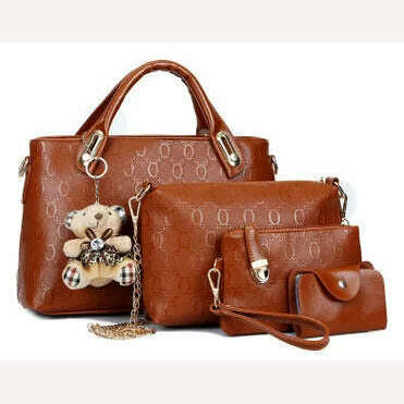 4PCS/Set Ladies Fashionable PU Leather Shoulder Bag Handbag Satchel Clutch Coin Purse Casual Bear Pendant Messenger Tote Bag