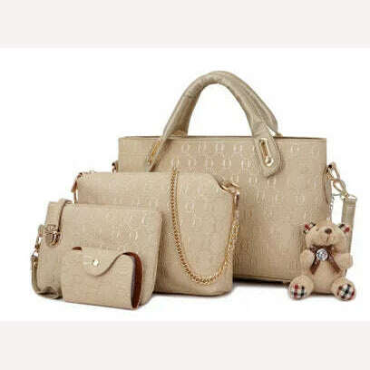 4PCS/Set Ladies Fashionable PU Leather Shoulder Bag Handbag Satchel Clutch Coin Purse Casual Bear Pendant Messenger Tote Bag