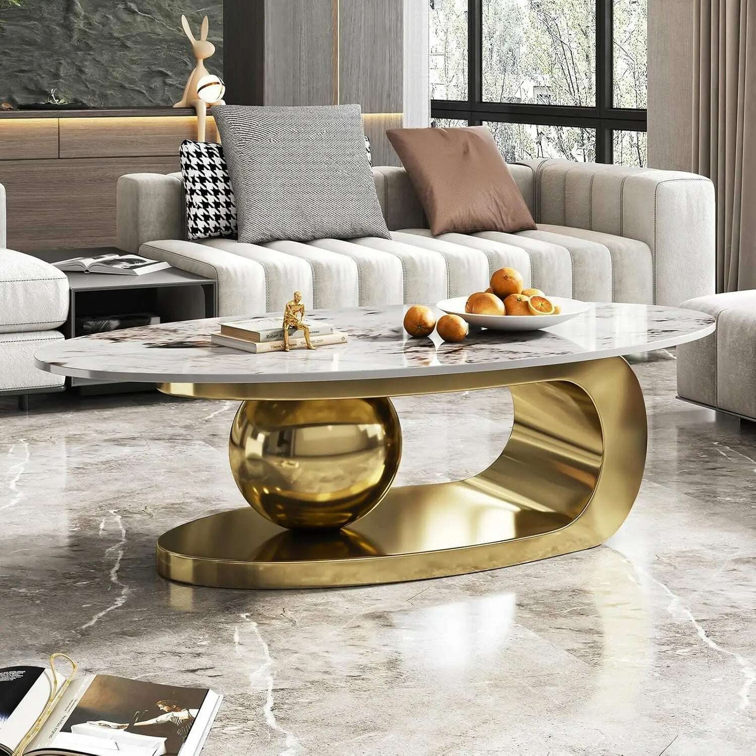 51" Lx28 Wx16.5 H.Modern Oval Stone Coffee Table with Abstract Gold Metal Base - Perfect Centerpiece for Stylish Living Rooms