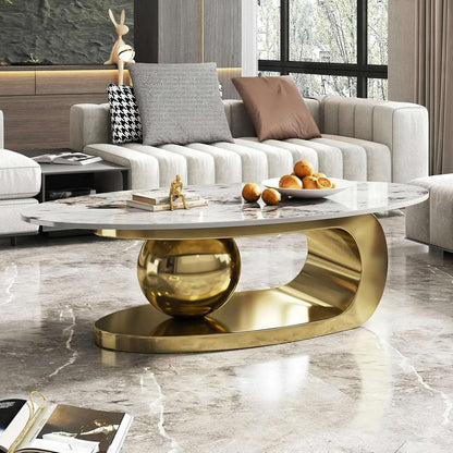 51" Lx28 Wx16.5 H.Modern Oval Stone Coffee Table with Abstract Gold Metal Base - Perfect Centerpiece for Stylish Living Rooms