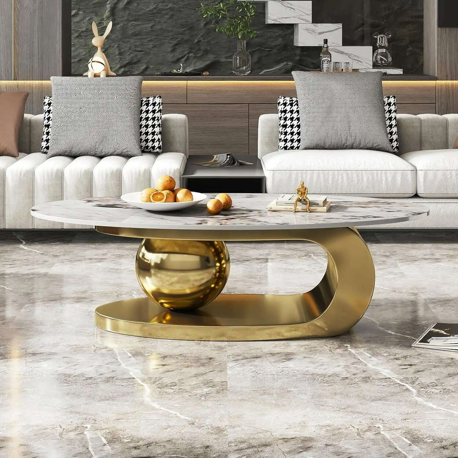 51" Lx28 Wx16.5 H.Modern Oval Stone Coffee Table with Abstract Gold Metal Base - Perfect Centerpiece for Stylish Living Rooms