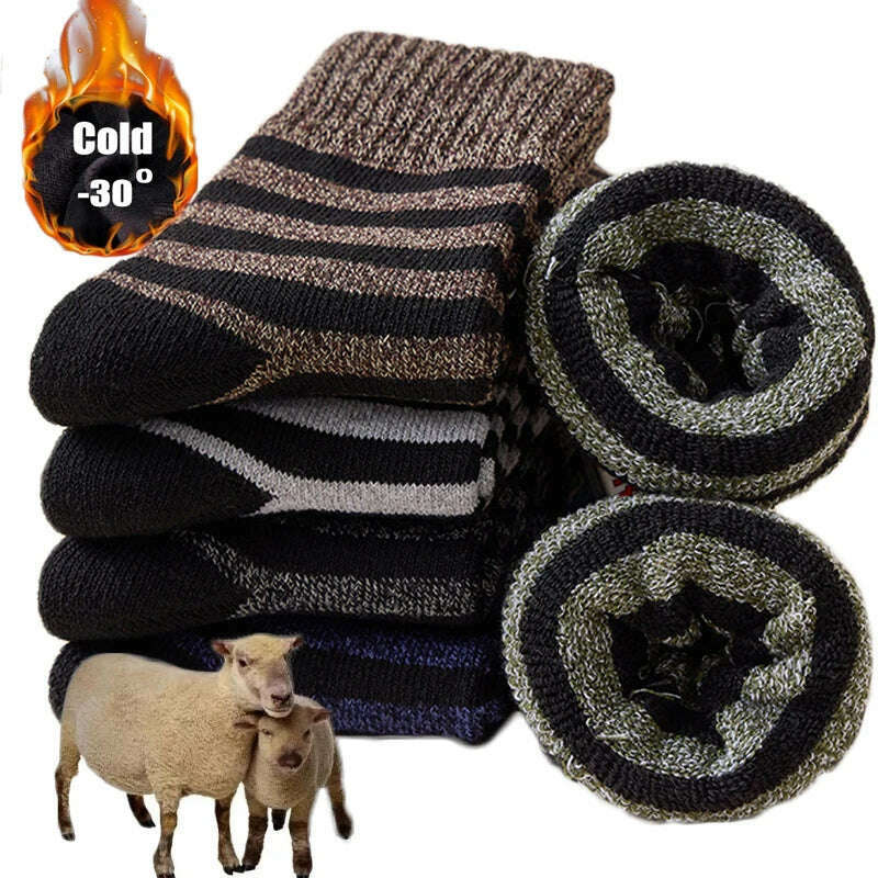 5pair Winter Thick Socks Men Super Thicker Solid Sock Striped Merino Wool Rabbit Socks Against Cold Snow Russia Winter Warm Sock