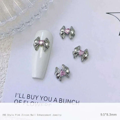 5pcs Pink Zircon Alloy Love Nail Art Charm 3D Bow Heart Moon Butterfly Planet Nail Decoration DIY Simple Design Nail Accessories