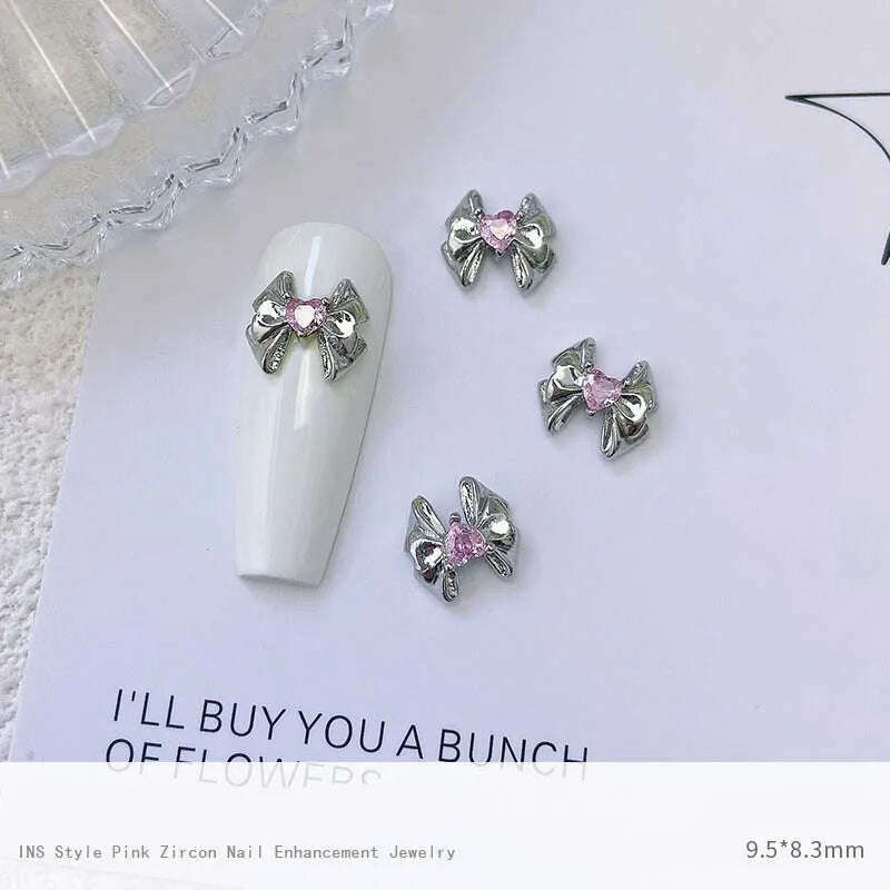 5pcs Pink Zircon Alloy Love Nail Art Charm 3D Bow Heart Moon Butterfly Planet Nail Decoration DIY Simple Design Nail Accessories
