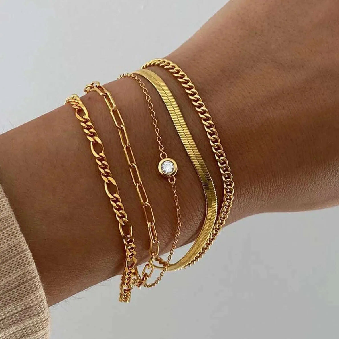 6 Piece Set Gold Color Luxury Bracelets for Women Zircon Shiny Simple Unisex Charm Chain Bracelet Punk Bangle Fashion Jewelry