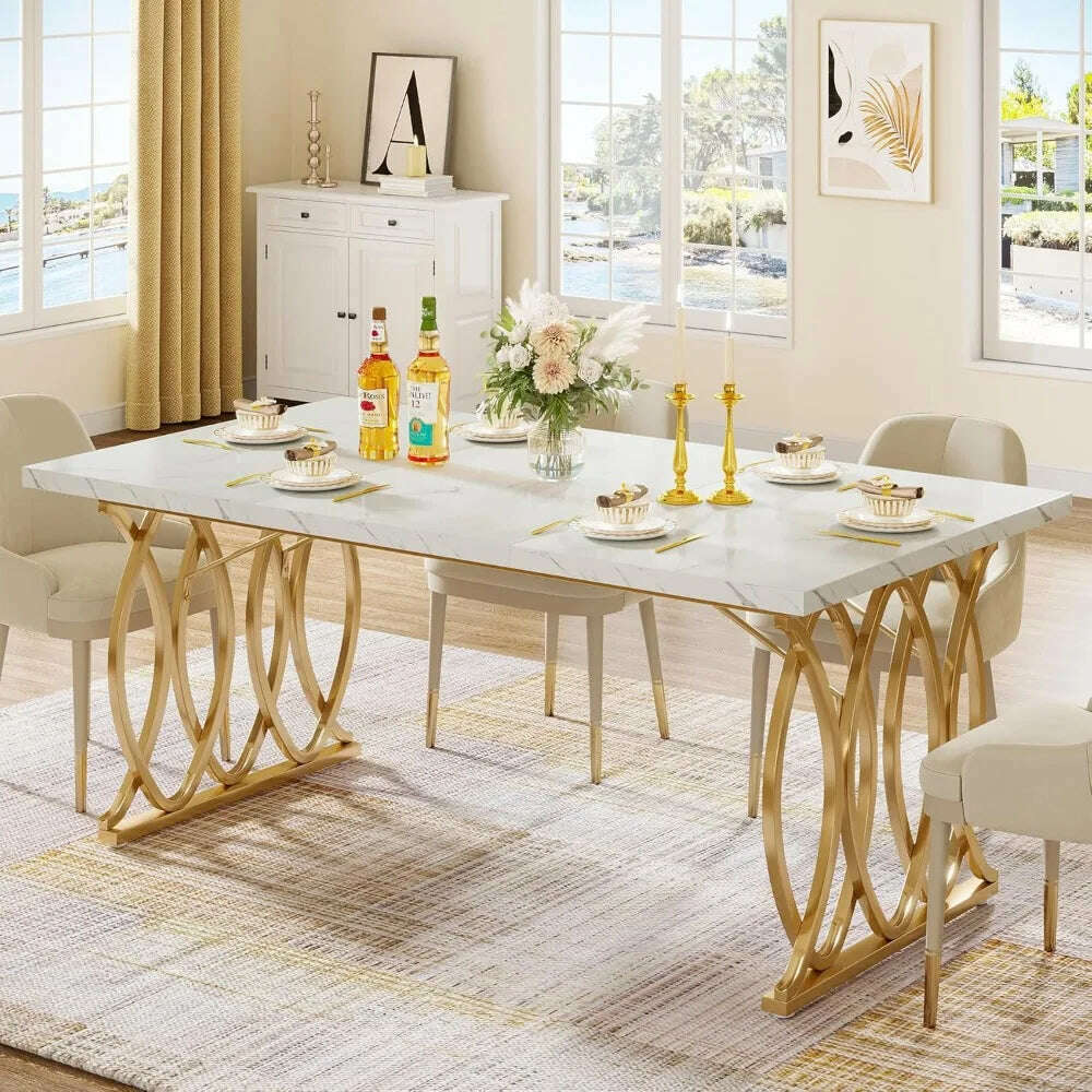 63-inch kitchen table seating 4-6 people, rectangular dining table, faux marble top and geometric legs