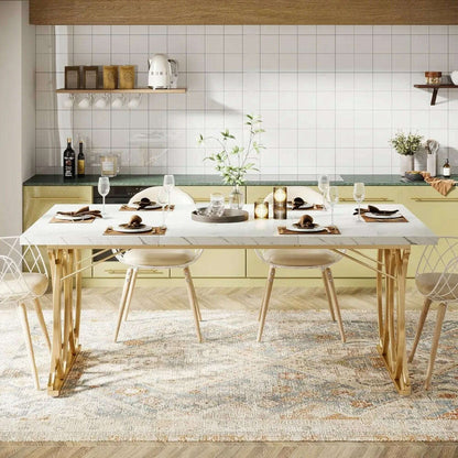 63-inch kitchen table seating 4-6 people, rectangular dining table, faux marble top and geometric legs