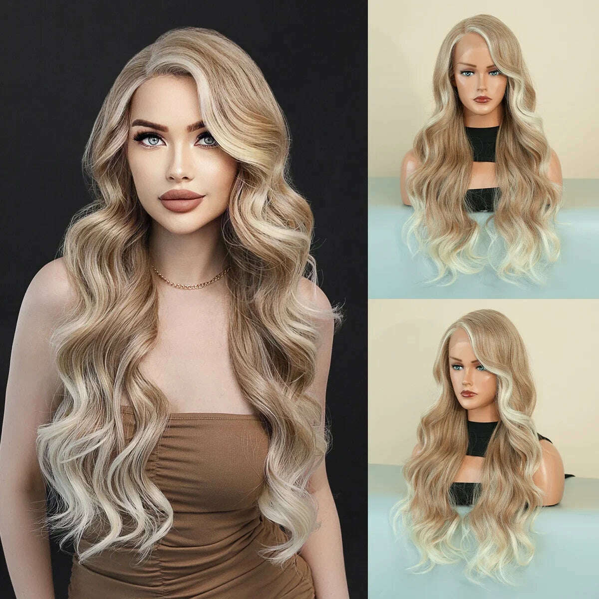 7JHH WIGS 13*4 Lace Front Wig Long Loose Wavy Blonde Wig for Women Synthetic Light Brown Lace Side Bangs Wigs Natural Looking