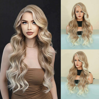 7JHH WIGS 13*4 Lace Front Wig Long Loose Wavy Blonde Wig for Women Synthetic Light Brown Lace Side Bangs Wigs Natural Looking