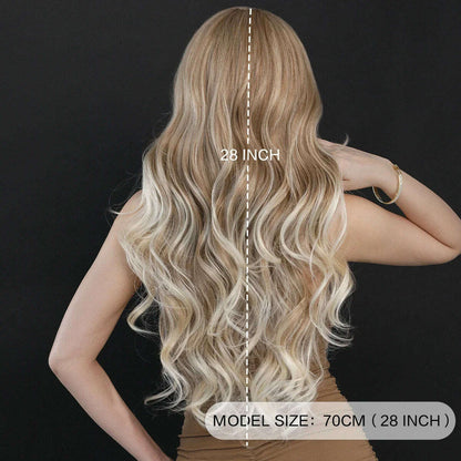 7JHH WIGS 13*4 Lace Front Wig Long Loose Wavy Blonde Wig for Women Synthetic Light Brown Lace Side Bangs Wigs Natural Looking