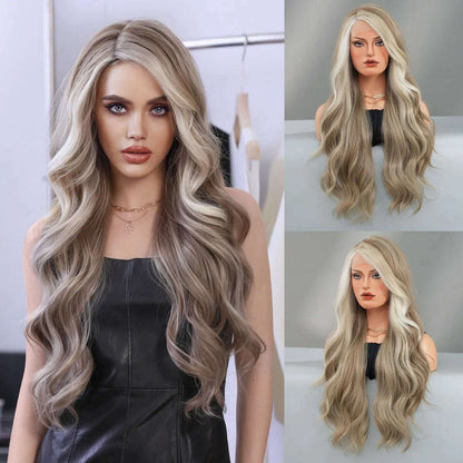 7JHH WIGS 13*4 Lace Front Wig Long Loose Wavy Blonde Wig for Women Synthetic Light Brown Lace Side Bangs Wigs Natural Looking