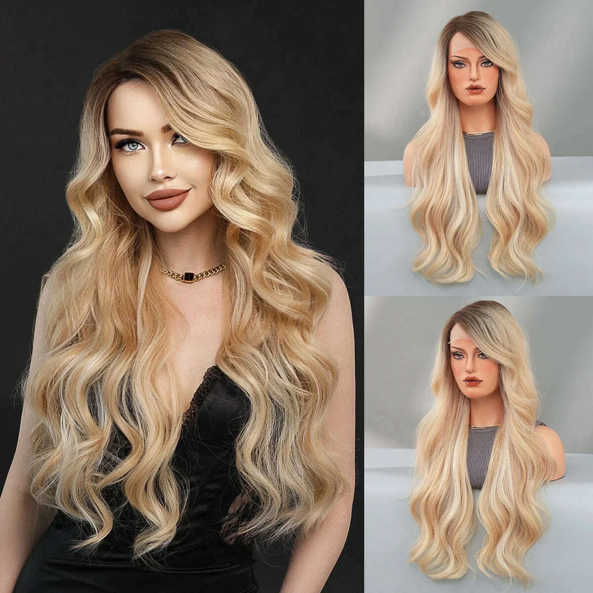 7JHH WIGS 13*4 Lace Front Wig Long Loose Wavy Blonde Wig for Women Synthetic Light Brown Lace Side Bangs Wigs Natural Looking
