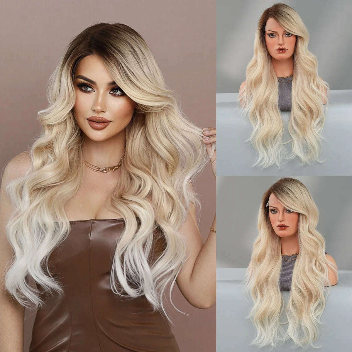 7JHH WIGS 13*4 Lace Front Wig Long Loose Wavy Blonde Wig for Women Synthetic Light Brown Lace Side Bangs Wigs Natural Looking