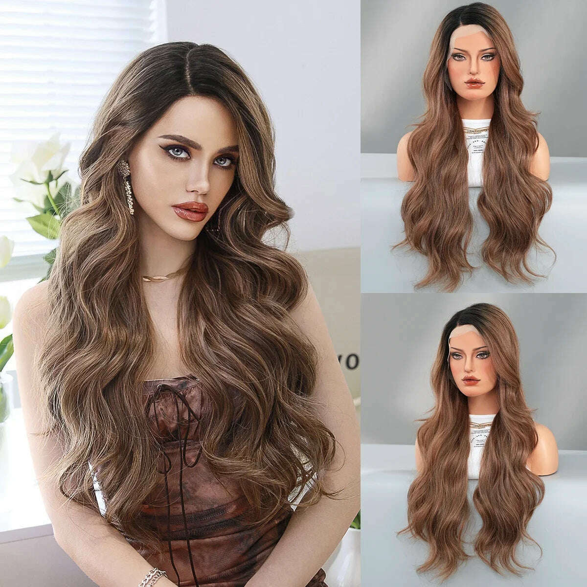 7JHH WIGS 13*4 Lace Front Wig Long Loose Wavy Blonde Wig for Women Synthetic Light Brown Lace Side Bangs Wigs Natural Looking