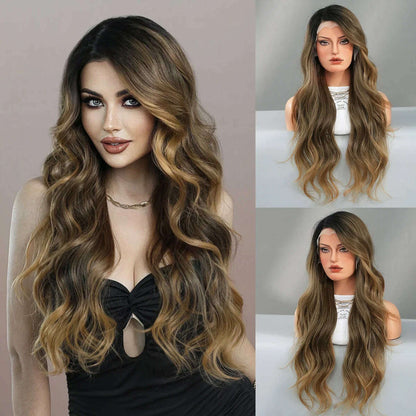 7JHH WIGS 13*4 Lace Front Wig Long Loose Wavy Blonde Wig for Women Synthetic Light Brown Lace Side Bangs Wigs Natural Looking