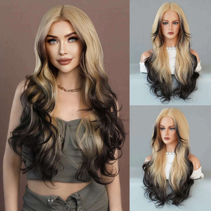 7JHH WIGS 13*4 Lace Front Wig Long Loose Wavy Blonde Wig for Women Synthetic Light Brown Lace Side Bangs Wigs Natural Looking