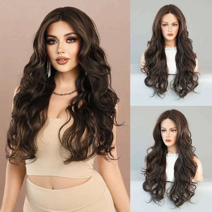 7JHH WIGS 13*4 Lace Front Wig Long Loose Wavy Blonde Wig for Women Synthetic Light Brown Lace Side Bangs Wigs Natural Looking