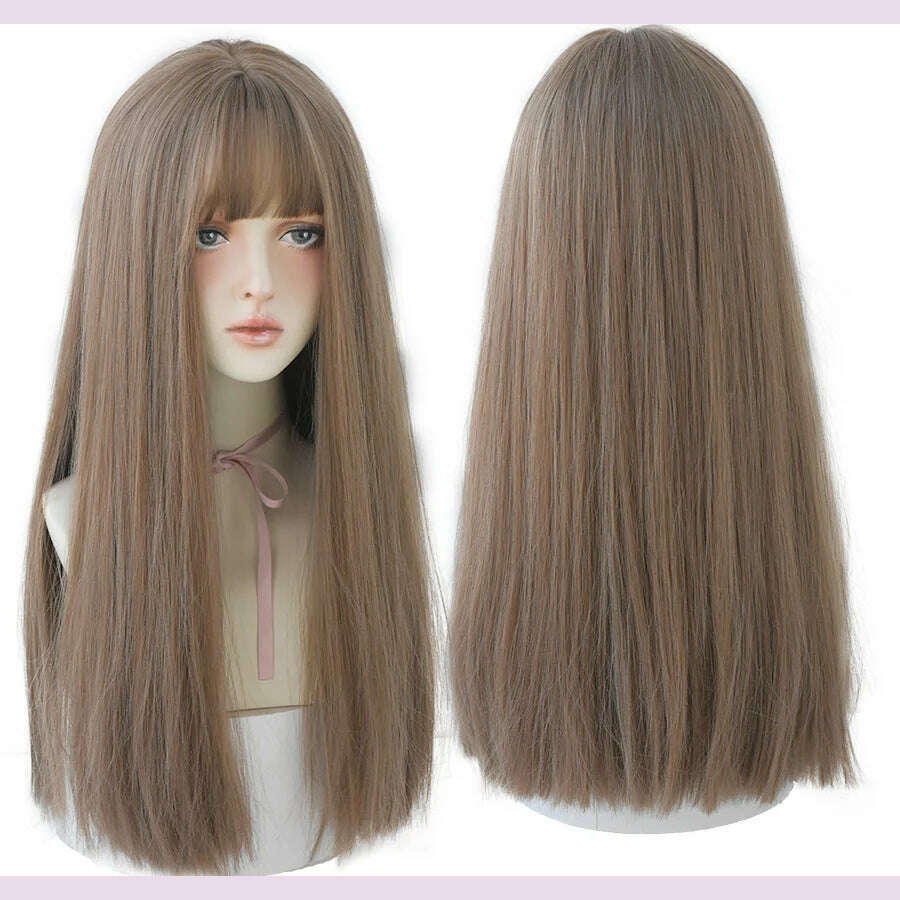 7JHHWIGS Long Straight Synthetic Light Brown Wigs With Bang For Women Heat-Resistant Daily Use Hair Hot Sell Wholesale Wigs