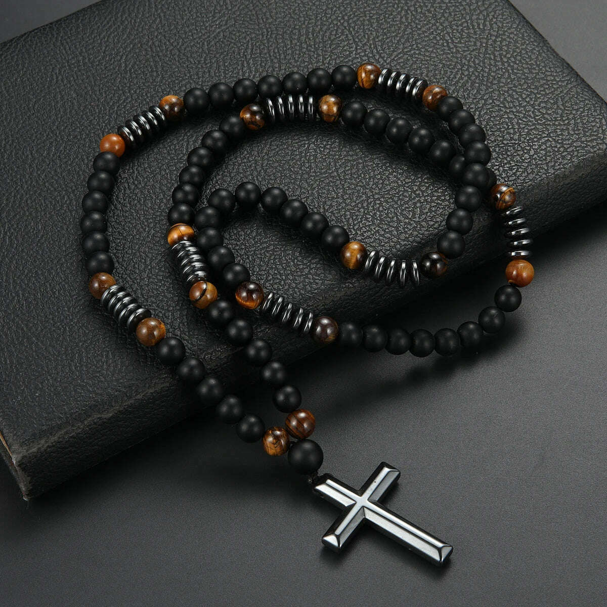 8mm Black Obsidian Tiger-eye Beaded Necklace with Hematite Cross Pendant for Men