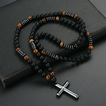 8mm Black Obsidian Tiger-eye Beaded Necklace with Hematite Cross Pendant for Men