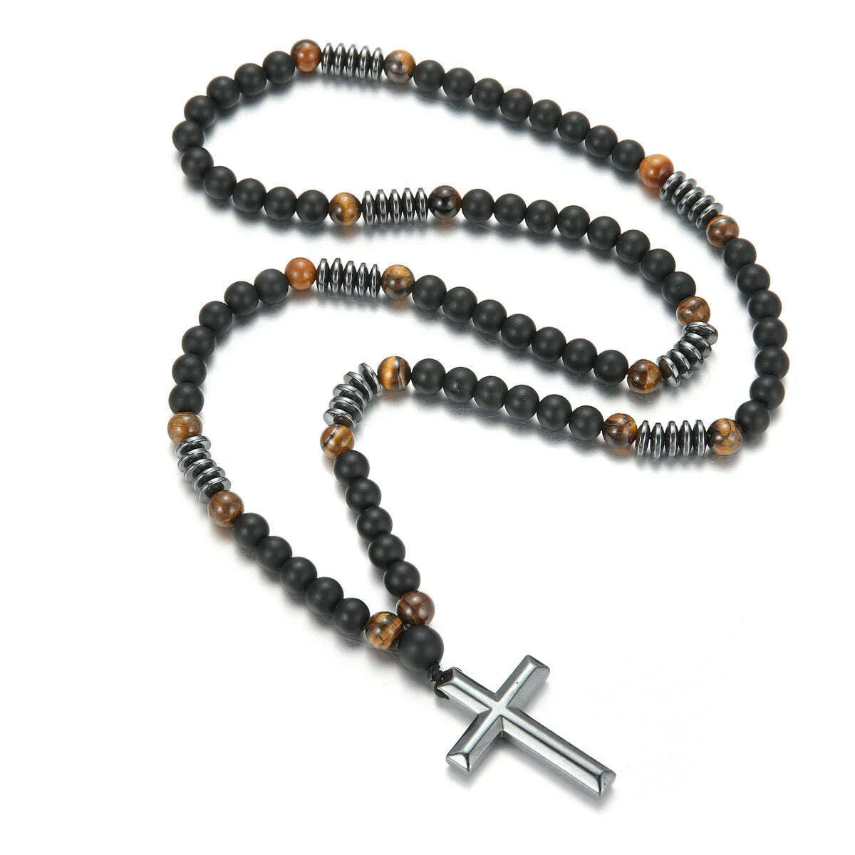 8mm Black Obsidian Tiger-eye Beaded Necklace with Hematite Cross Pendant for Men