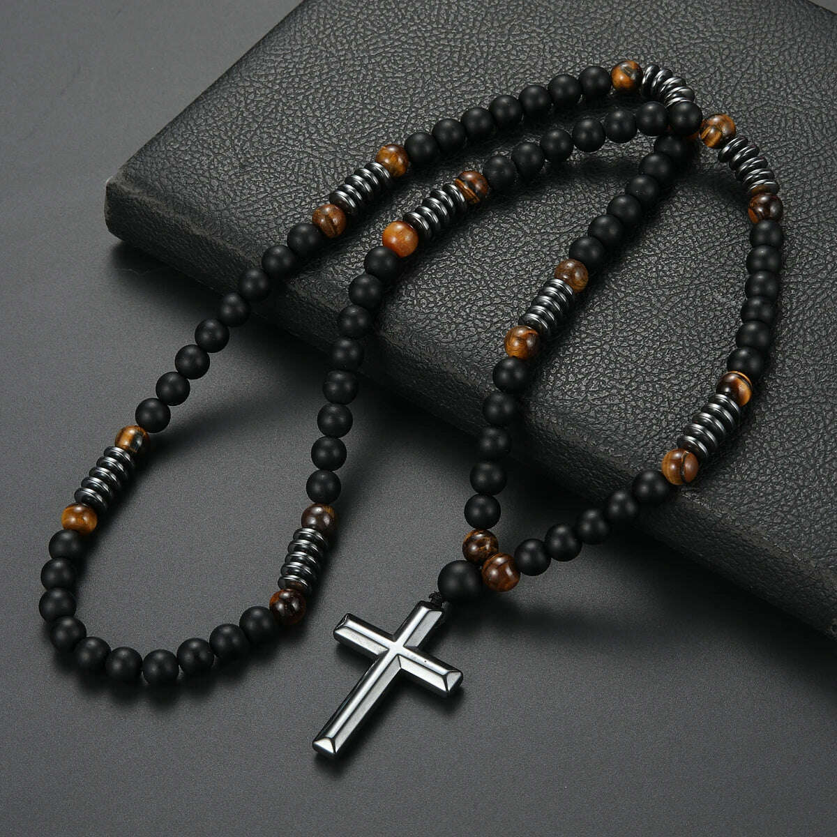 8mm Black Obsidian Tiger-eye Beaded Necklace with Hematite Cross Pendant for Men