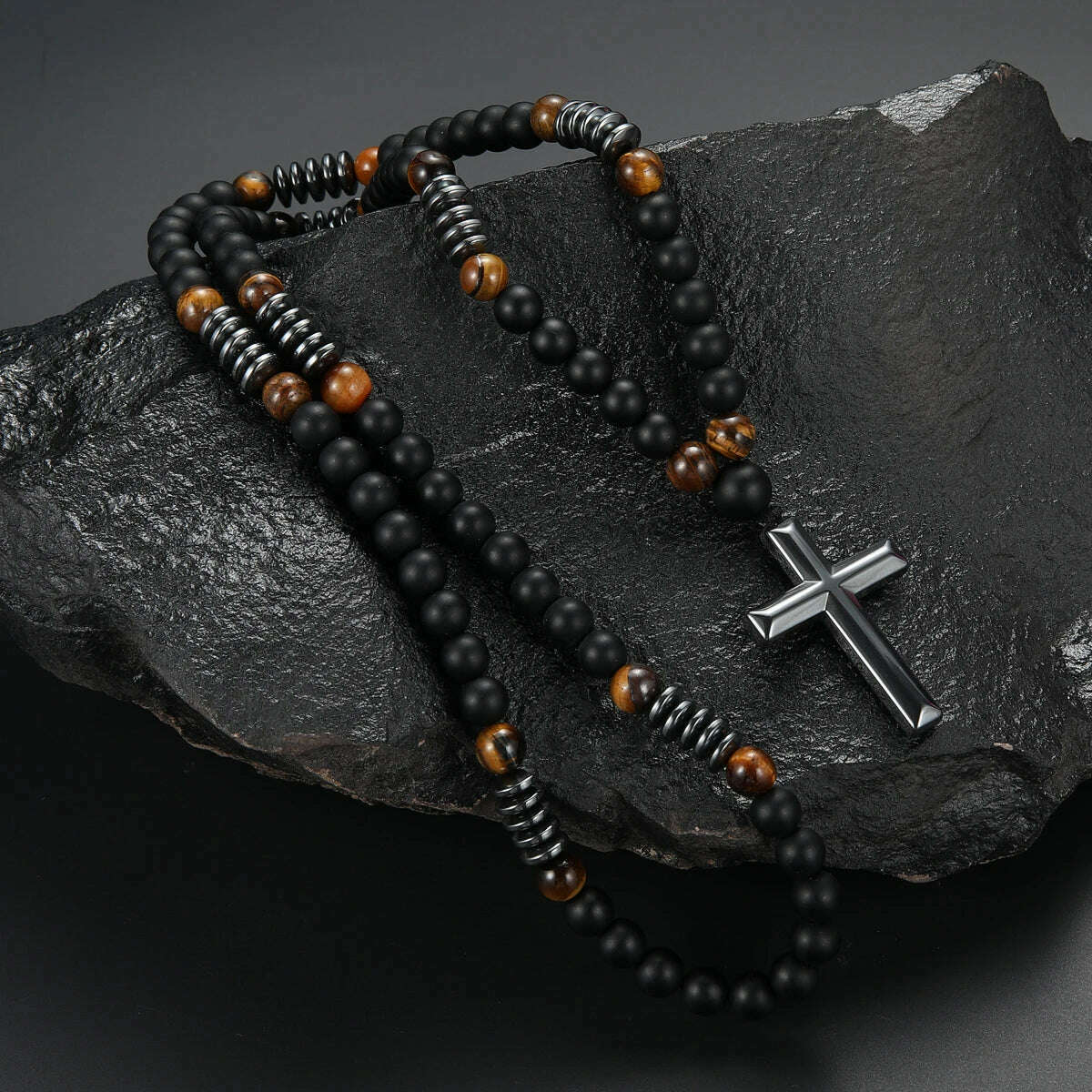8mm Black Obsidian Tiger-eye Beaded Necklace with Hematite Cross Pendant for Men