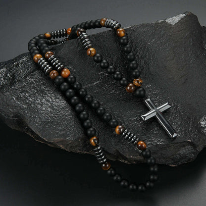 8mm Black Obsidian Tiger-eye Beaded Necklace with Hematite Cross Pendant for Men