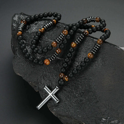 8mm Black Obsidian Tiger-eye Beaded Necklace with Hematite Cross Pendant for Men